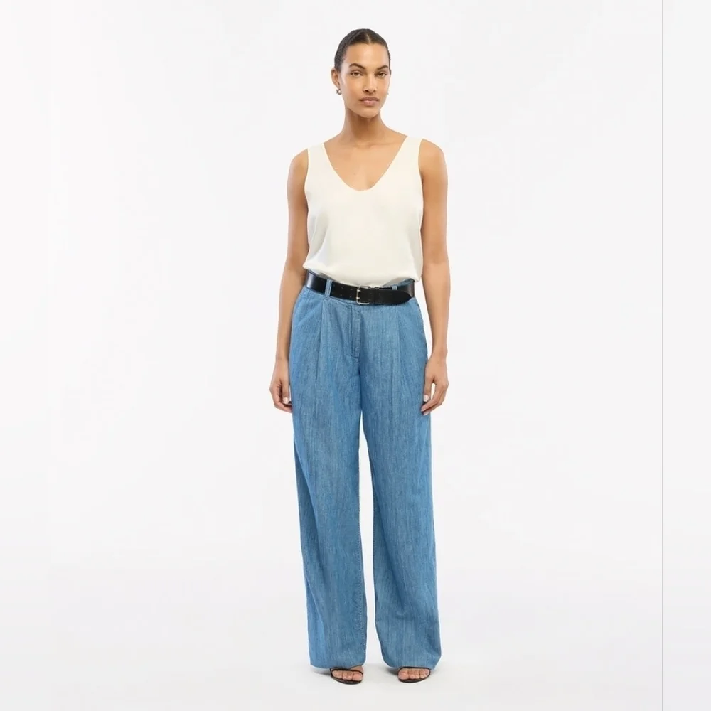 Another Tomorrow Chambray Relaxed Wide Leg Pant in Medium Blue